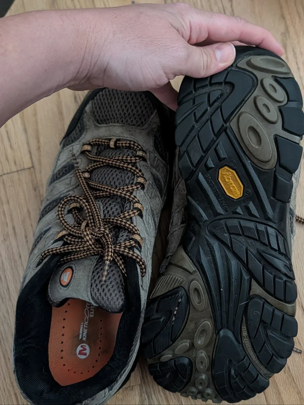 Merrell Men’s 11.5 Hiking Trail Shoes Gray Suede Mesh Vibram Kinetic Fit Elite